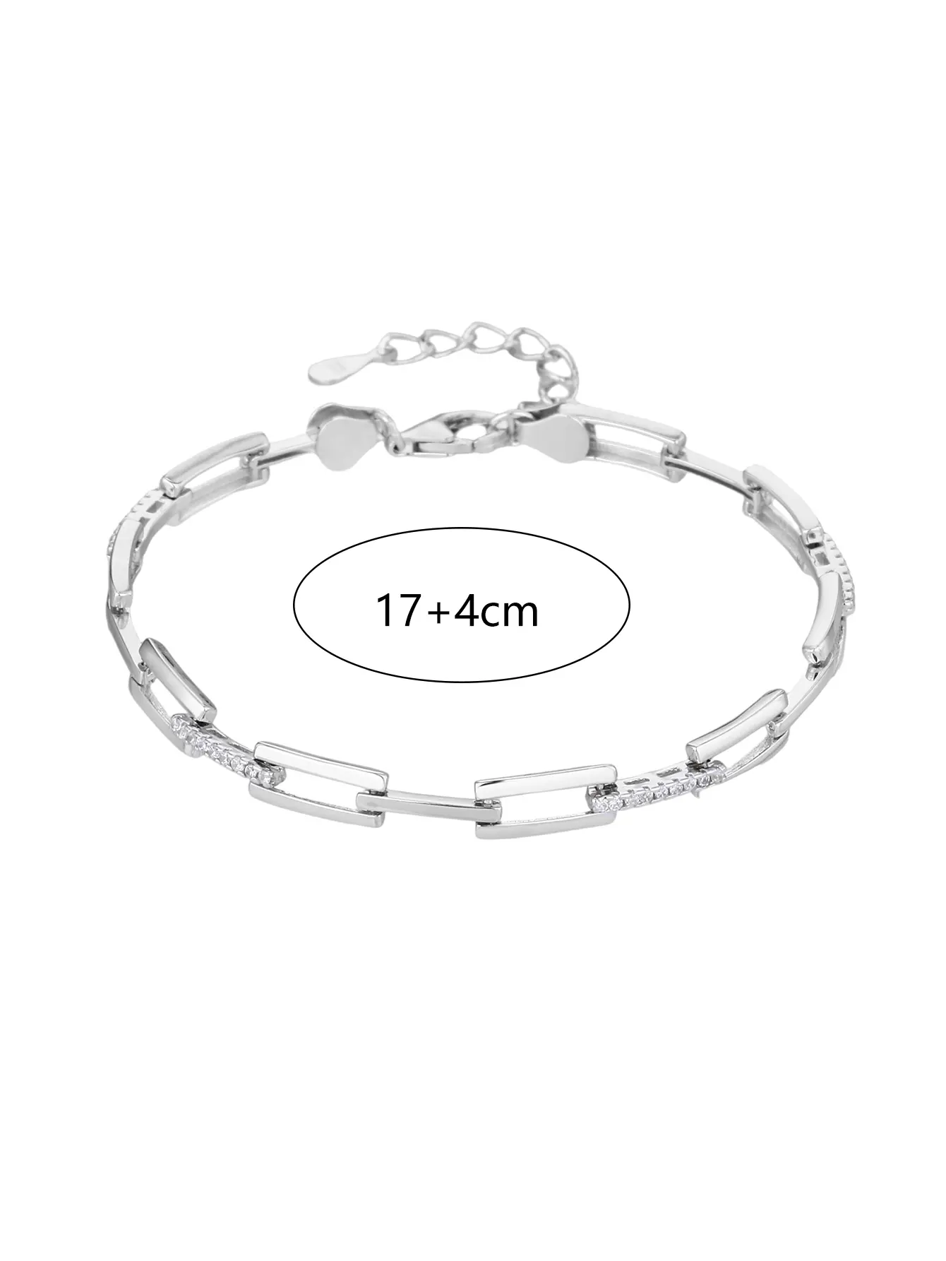 Ezüst karkötő téglalap láncszemekkel és cirkónia kövekkel (17+4 cm)