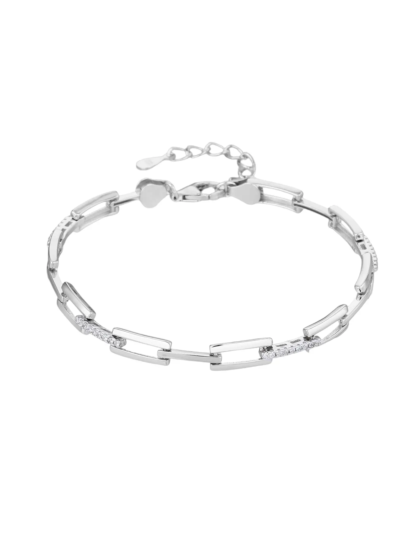 Ezüst karkötő téglalap láncszemekkel és cirkónia kövekkel (17+4 cm)_1