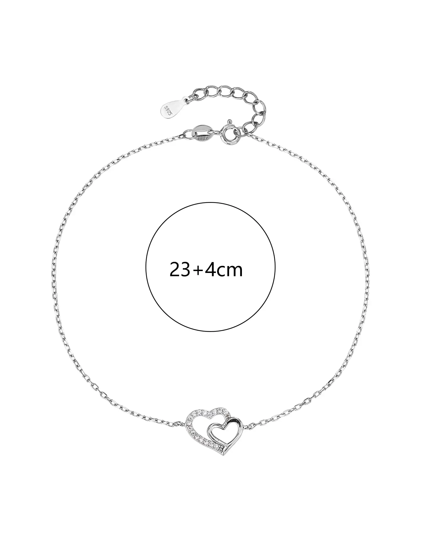 Ezüst bokalánc dupla szív motívummal, cirkónia kövekkel(23+4 cm)